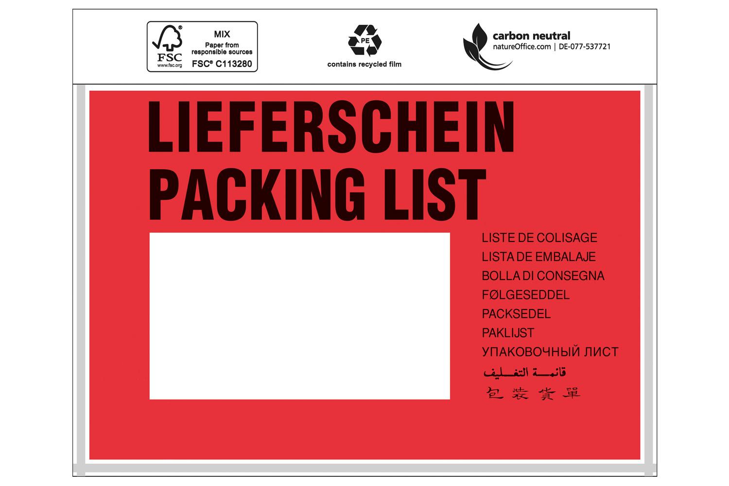 Dokumententasche Standard, "Lieferschein", DIN C6 | 175 x 118 mm (Offene Seite x L) | VE = 1000 Stk.