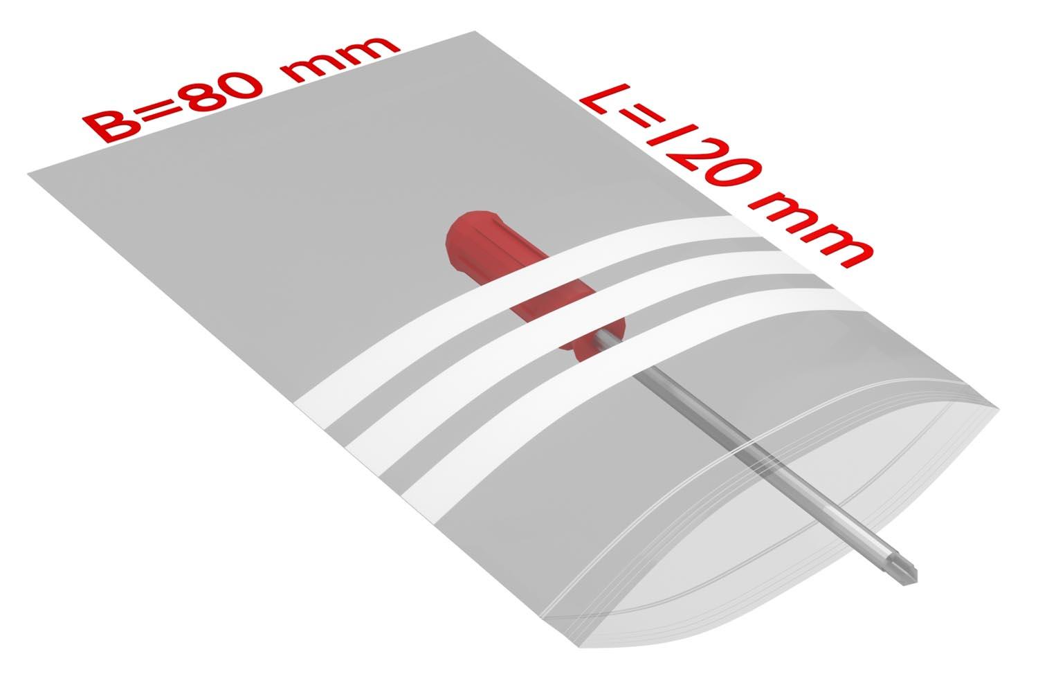 PE-Druckverschlussbeutel mit Beschriftungsfeld, transparent, 50 µ | 80 x 120 mm (Offene Seite x L) | VE = 1000 Stk.