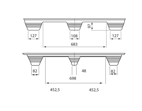 Pressholzpalette Typ F11 S, Containermaß | 1140 x 1140 x 145 mm (L x B x H), dyn. Tragkraft 1250 kg | VE = 5 Stk.