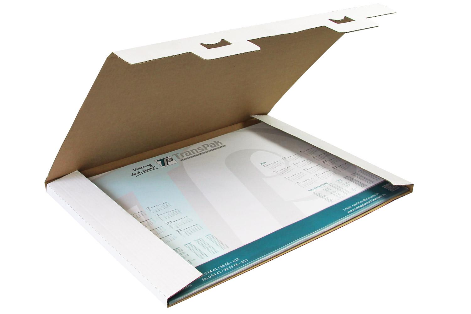 Kalenderverpackung, Qual. 1.30, weiß, DIN A2 | 605 x 427 x 15 mm (L x B x H) Innenmaß | VE = 25 Stk.