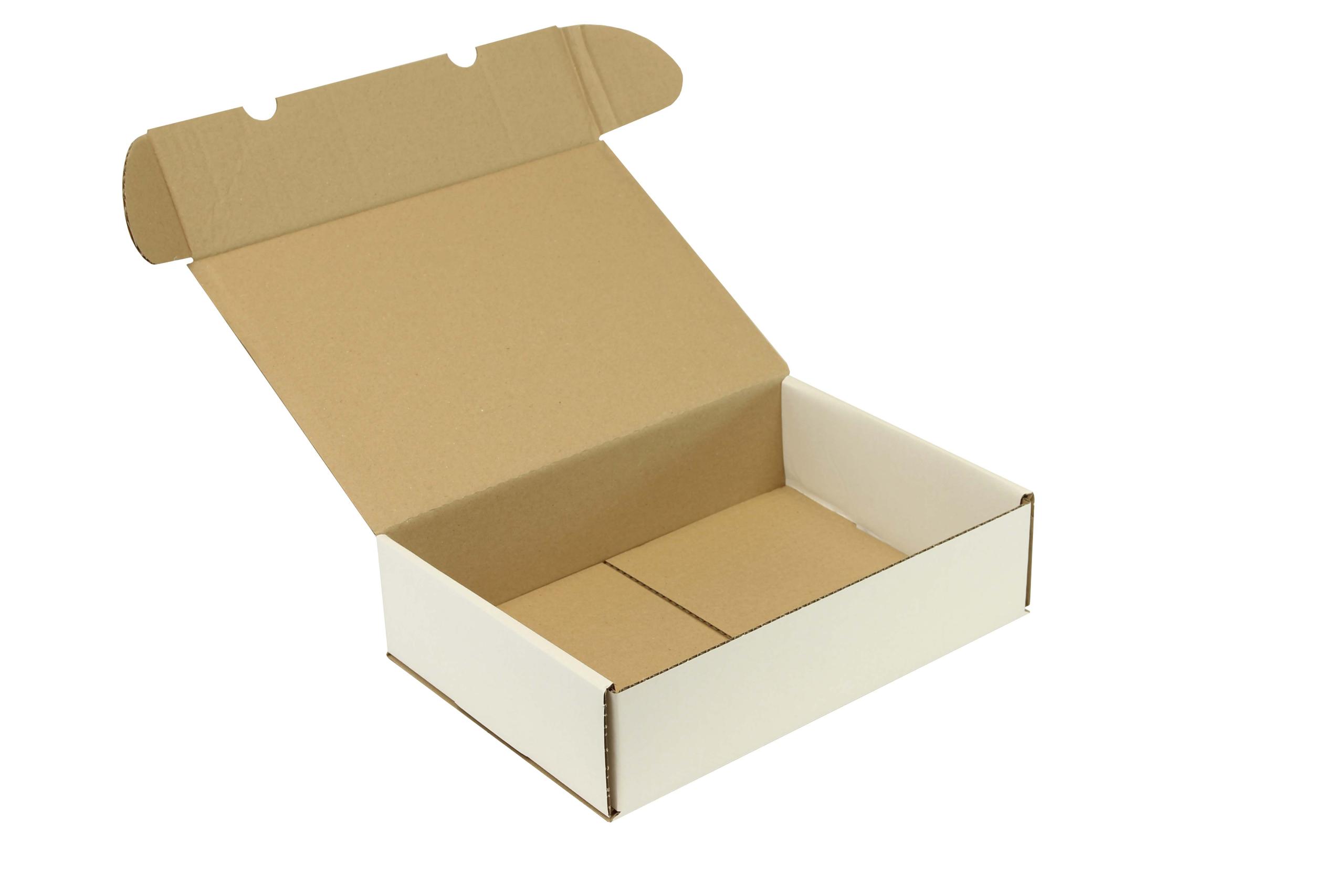 Klappschachtel aus Feinwelle 1-wellig, weiß, DIN A4 | 300 x 215 x 77 mm (L x B x H) Innenmaß | VE = 50 Stk.