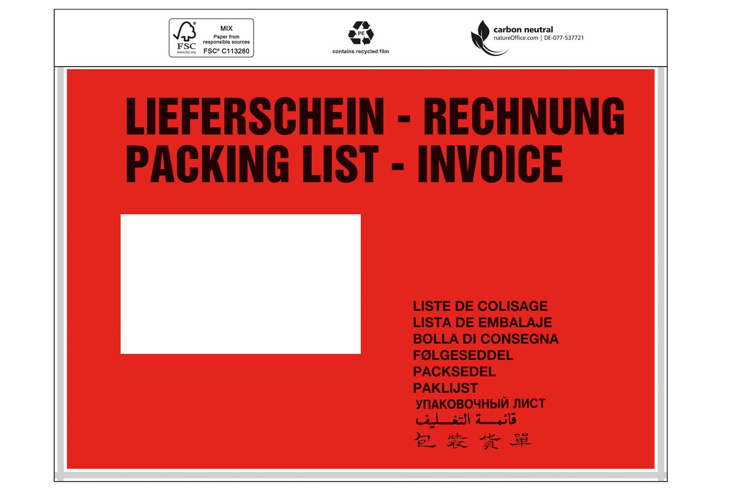 Dokumententasche Standard, "Lieferschein/Rechnung", DIN C5 | 240 x 163 mm (Offene Seite x L) | VE = 1000 Stk.