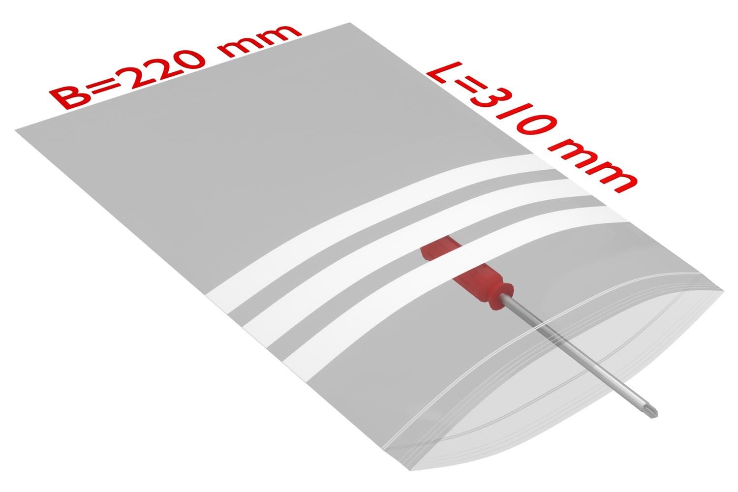 PE-Druckverschlussbeutel mit Beschriftungsfeld, transparent, 50 µ | 220 x 310 mm (Offene Seite x L) | VE = 1000 Stk.