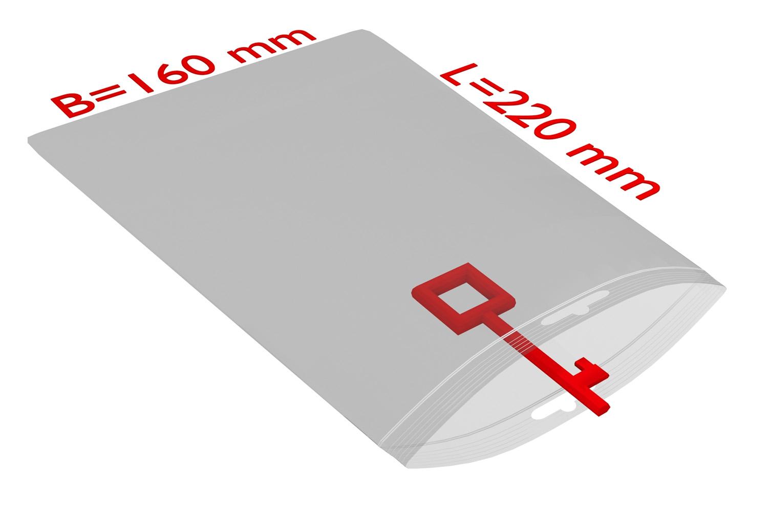 PE-Druckverschlussbeutel mit Eurolochung, transparent, 50 µ | 160 x 220 mm (Offene Seite x L) | VE = 1000 Stk.