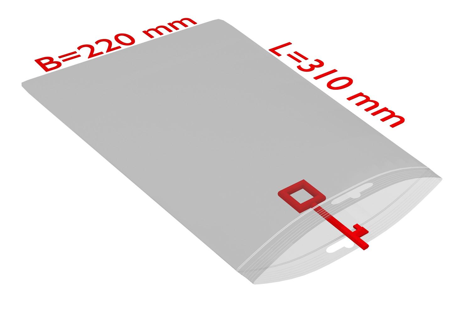 PE-Druckverschlussbeutel mit Eurolochung, transparent, 50 µ | 220 x 310 mm (Offene Seite x L) | VE = 1000 Stk.